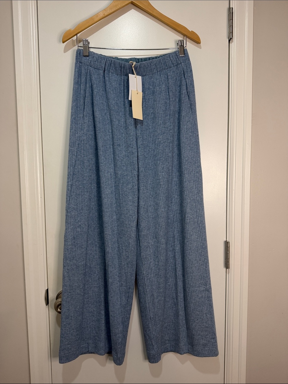 MELLODAY Ribbed Wide-Leg Knit Pants in Light Blue